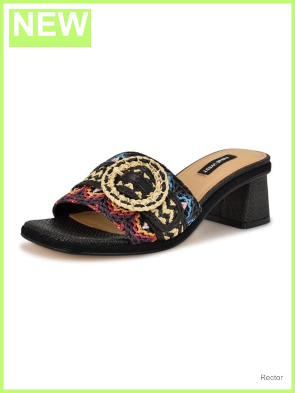 Nine West Heeled Sandals Block Heel Woven Raffia Square Toe